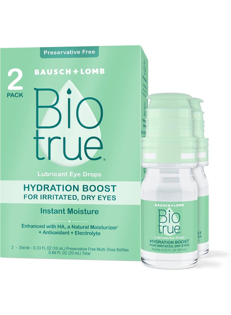 Biotrue HYDRATION BOOST EYE DROPS Pack of 2 Soft Contact Lens Friendly PRESERVATIVE FREE Dry Eye Relief Drops for Irritated Eyes Long Lasting Moisture by Bausch + Lomb 10ml - Image 1