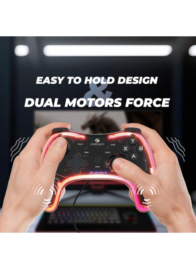 MAX FURY Transparent RGB LED Illuminated Wired Gamepad for Windows PC, Android, with Dual analog sticks, Quad front triggers, Dual motors force, Haptic Feedback