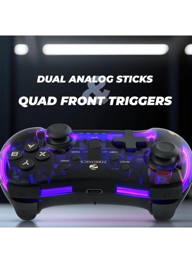 MAX FURY Transparent RGB LED Illuminated Wired Gamepad for Windows PC, Android, with Dual analog sticks, Quad front triggers, Dual motors force, Haptic Feedback