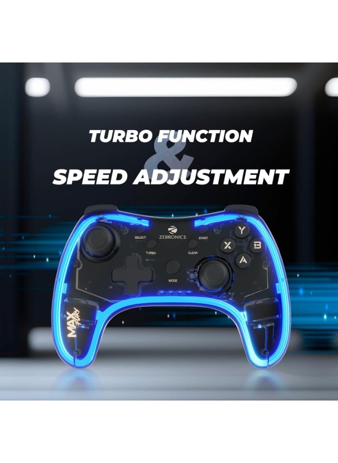 MAX FURY Transparent RGB LED Illuminated Wired Gamepad for Windows PC, Android, with Dual analog sticks, Quad front triggers, Dual motors force, Haptic Feedback