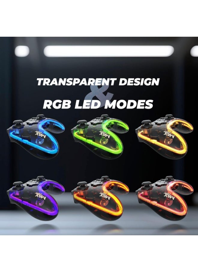 MAX FURY Transparent RGB LED Illuminated Wired Gamepad for Windows PC, Android, with Dual analog sticks, Quad front triggers, Dual motors force, Haptic Feedback