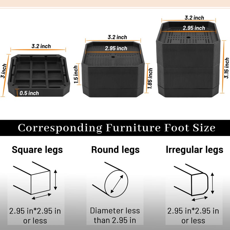 BTSD-home Bed Risers 1.5 or 3 inch Adjustable Furniture Heavy Duty for Couch Desk Sofa Table 4pack - Image 2