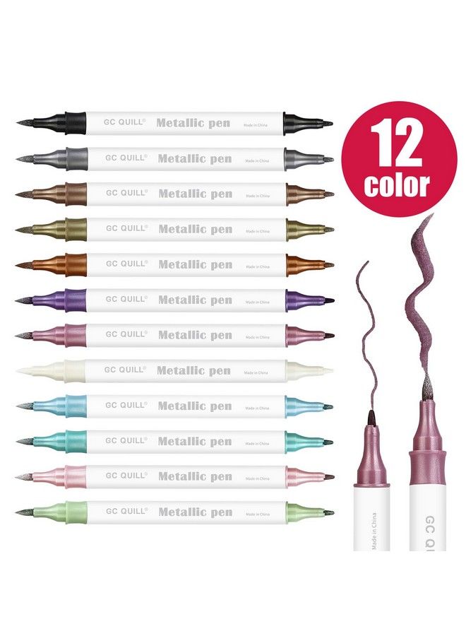 GC QUILL 12 Colors Metallic Marker Pens Dual Tip Brush And Fine Point Pens For Diy Album Black Cards Scrapbooking Craft Supplies On Ceramic Stone Glass Fabric Gcmp12 - Image 3