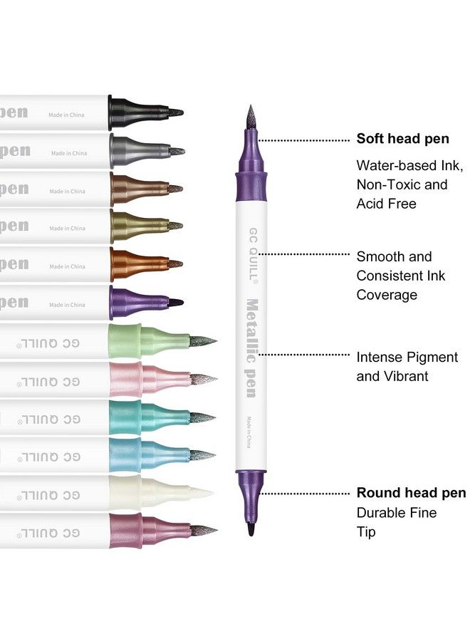 GC QUILL 12 Colors Metallic Marker Pens Dual Tip Brush And Fine Point Pens For Diy Album Black Cards Scrapbooking Craft Supplies On Ceramic Stone Glass Fabric Gcmp12 - Image 5