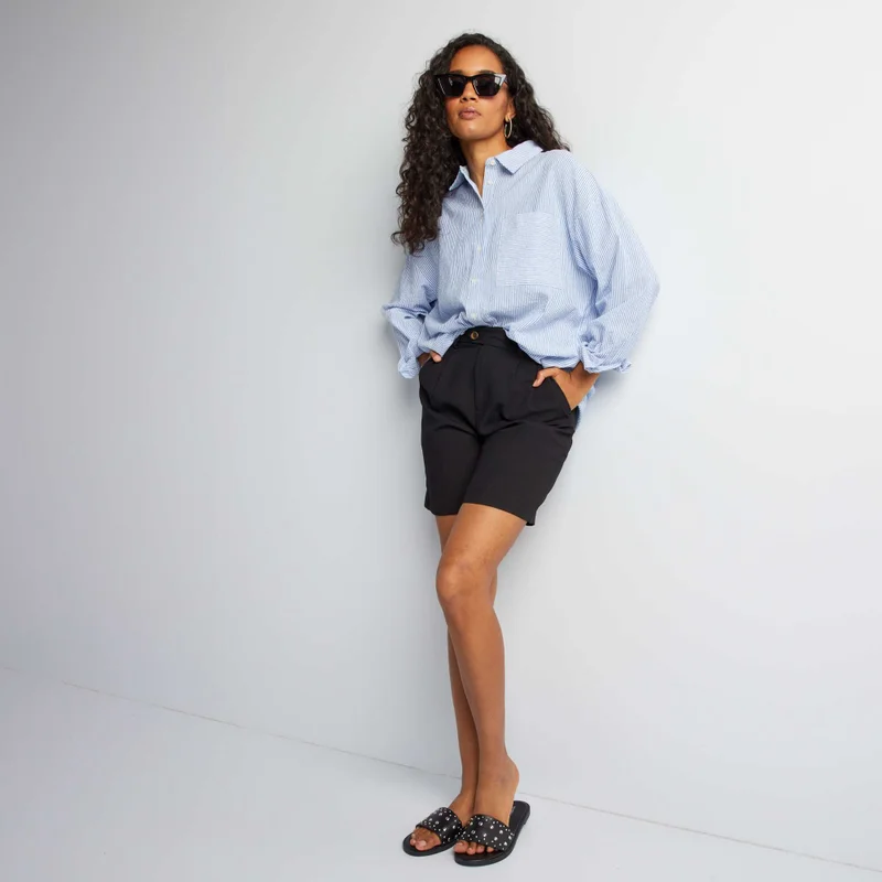 Kiabi High-Waisted Pleated Bermuda Shorts Black