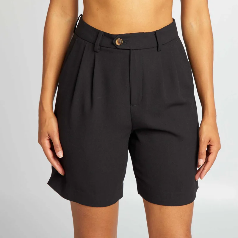 Kiabi High-Waisted Pleated Bermuda Shorts Black