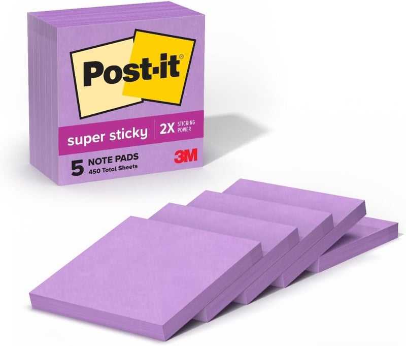 Post It Super Sticky Notes, 5 Sticky Note Pads, 3 x 3 in., School Supplies, Office Products, Sticky Notes for Vertical Surfaces, Monitors, Walls and Windows, Purple Iris - Image 1