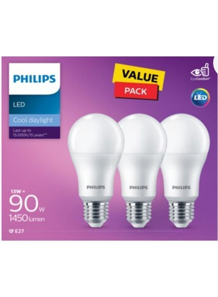 Philips LED Bulb 13W Cool Daylight E27 1450 Lumen Value Pack of 3 Energy Saving Long Lasting Light - Image 1