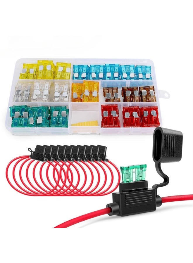 Generic 120 Piece Standard Blade Fuses 5A/7.5A/10A/15A/20A/25A/30A Assortment Pack with 10-Pack 14AWG In-Line Fuse Holders (120 Pieces)  - Image 1