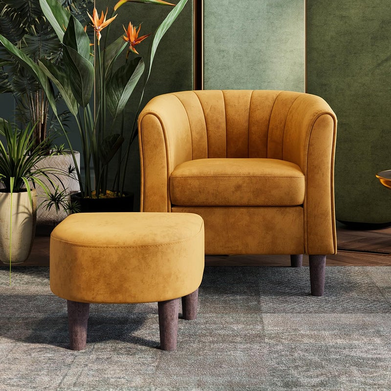 LINSY Accent Chair with Ottoman Modern Barrel Chair Comfy Armchair Reading Chair with Footrest Round Arms Chair for Living Room Bedroom Reading Room Velvet Yellow