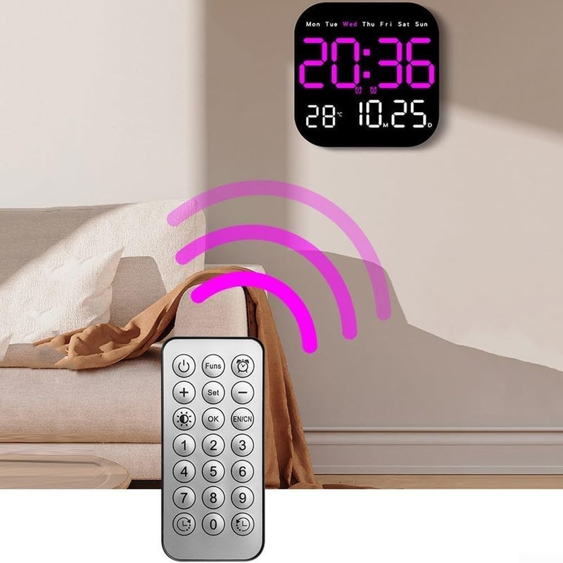 Astrometric 15-Inch Digital Wall Clock with Large LED Display – Remote Control, Auto-Dimming, Night Light, Date, Day, Temperature, DST Function – Ideal for Living Room, Bedroom (Square 9" Pink) - Image 4