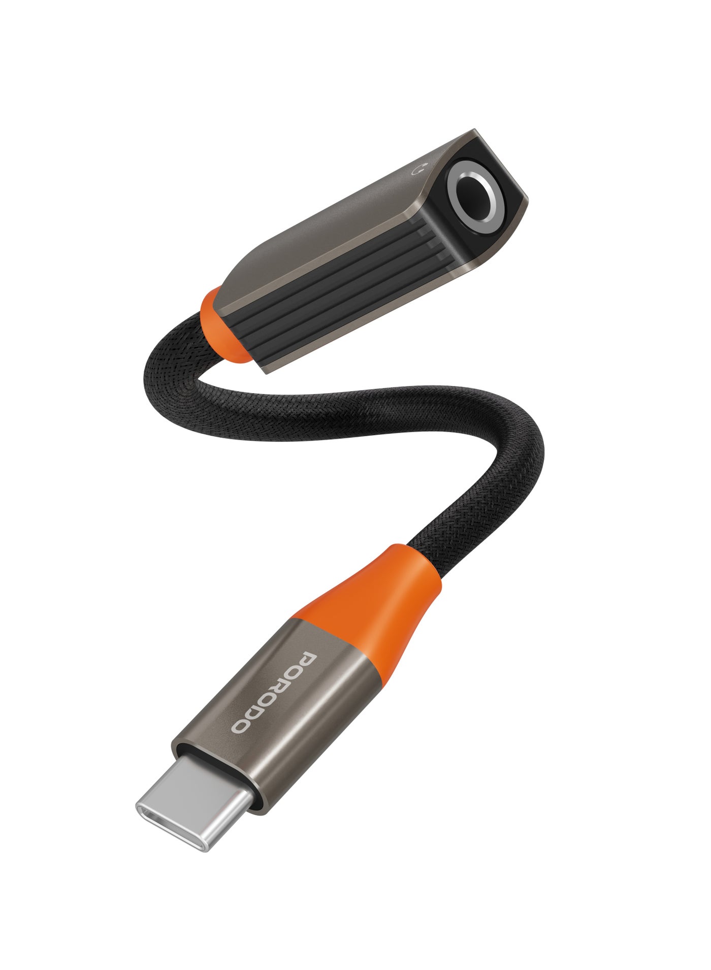 porodo AudioLink USB-C to 3.5mm Audio Jack Adapter with Built-In DAC Chip / High-Fidelity Audio / Type-C Connector / Plug & Play / Tangle-Free Design / - Black/Orange