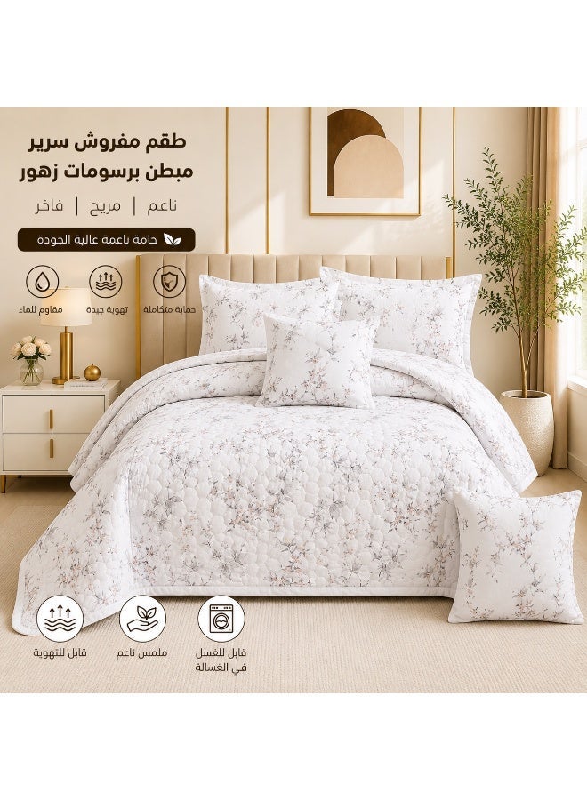 شايني فلاور طقم مفرش سرير مبطن بنقوش زهور أنيقة، 4/6 قطع، طقم لحاف ناعم ومريح بطبعات جميلة، تصميم بسيط وراقي لغرفة النوم - Image 1