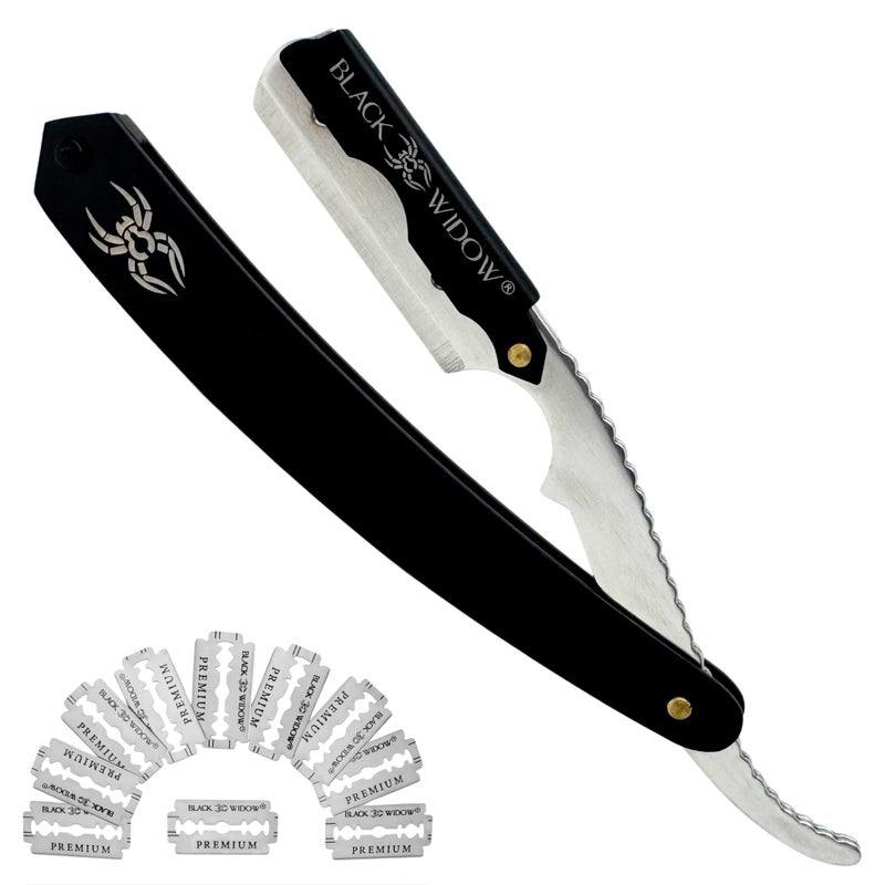 Black Widow Professional Barber Straight Edge Razor â€“ Stainless Steel Shavette, 1.5 mm Blade Exposure, Matte Black & chrome, 10 Double Edge Blades (20 Single-Edge) for Lineups & Beard Shaping - Image 1