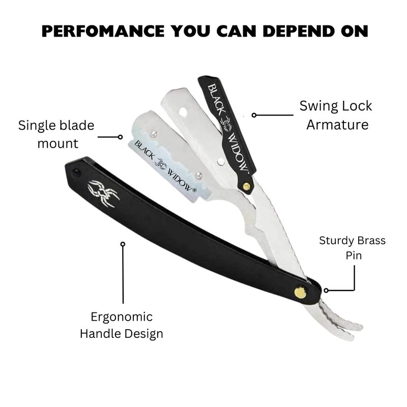 Black Widow Professional Barber Straight Edge Razor â€“ Stainless Steel Shavette, 1.5 mm Blade Exposure, Matte Black & chrome, 10 Double Edge Blades (20 Single-Edge) for Lineups & Beard Shaping - Image 4