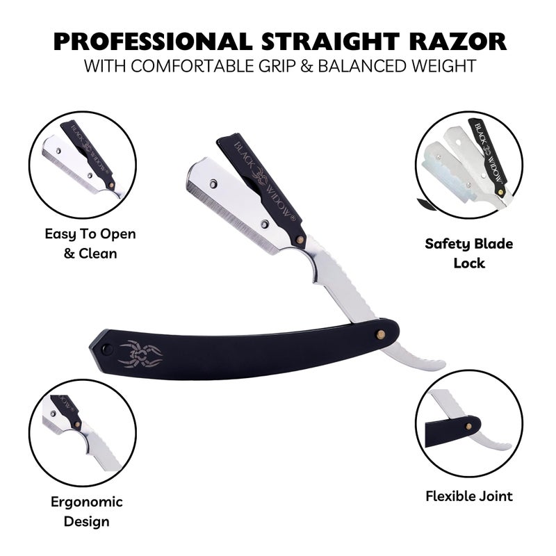 Black Widow Professional Barber Straight Edge Razor â€“ Stainless Steel Shavette, 1.5 mm Blade Exposure, Matte Black & chrome, 10 Double Edge Blades (20 Single-Edge) for Lineups & Beard Shaping - Image 2