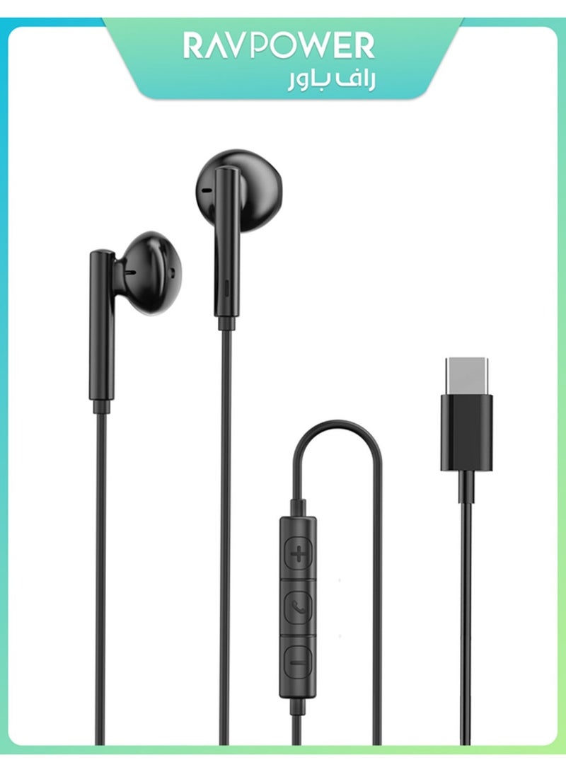 RAVPOWER USB-C Earphones with Microphone, Wired Type-C Earbuds, HiFi Stereo Sound, Deep Bass Headphones for iPhone 17/16/15, Galaxy S25/S24 - RAVPower RP-BH1006 Black - Image 1