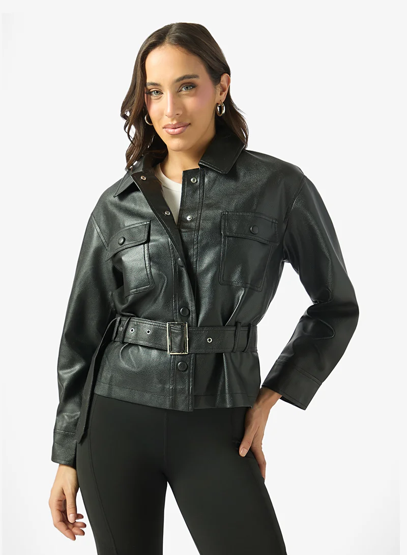Oversize PU Button Down Jacket