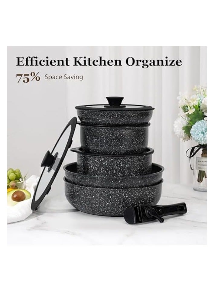 Green Tiger 15Pcs Pots and Pans Set Non Stick, Cookware Sets with Detachable Handle, Nonstick RV Kitchen Cooking Set Removable Handles, Oven Safe, Induction Fast, Stackable Non-stick Set, Black - Image 3