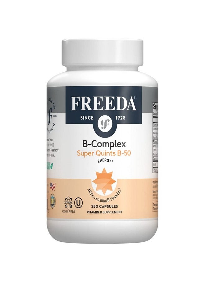 Freeda Vitamin B Complex Super Quints B50 Kosher Super B Complex Vitamin Supplement For Women & Men With Vitamin B1 Vitamin B2 Vitamin B3 Vitamin B6 Vitamin B12 Plus Folic Acid (250 Capsules)  - Image 1