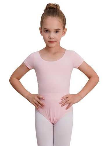 WEGETIT Gymnastics Leotards for Girls Ballet Dance Toddler Leotard Short Sleeve Bodysuit (Pink, 6-8 Years) - Image 1