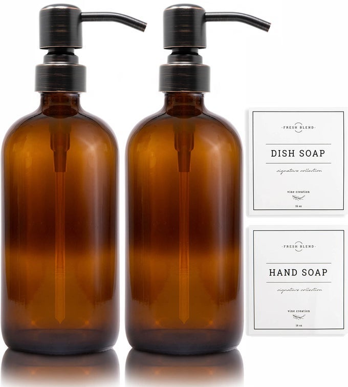 AMBER GLASS SOAP DISPENSER 2 PACK KITCHEN SOAP DISPENSER SET WITH STAINLESS STEEL PUMP 16 OZ DISH SOAP AND HAND SOAP DISPENSERS FOR BATHROOM WITH WATERPROOF LABELS