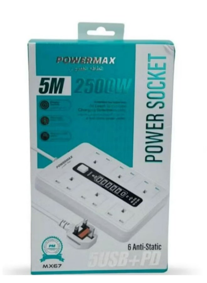 باور ماكس وصلة تمديد كهربائية 12 في 1 من باور ماكس - منفذ تمديد كهربائي بقوة 2300 واط مع 6 منافذ طاقة + 5 منافذ USB + منفذ PD | 1 أمبير، 100-240 فولت | سلك تمديد 5 أمتار | مادة مقاومة للحريق - أبيض - Image 2
