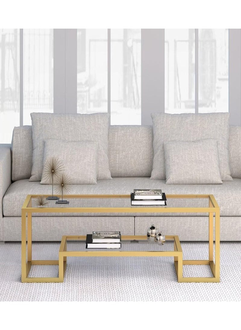 LINGWEI Coffee Table Modern Tempered Glass Tabletop with Sturdy Metal Frame Centre Table for Dining Room Modern Geometric Glass Coffee Table with Mid Glass Shelf - Image 1