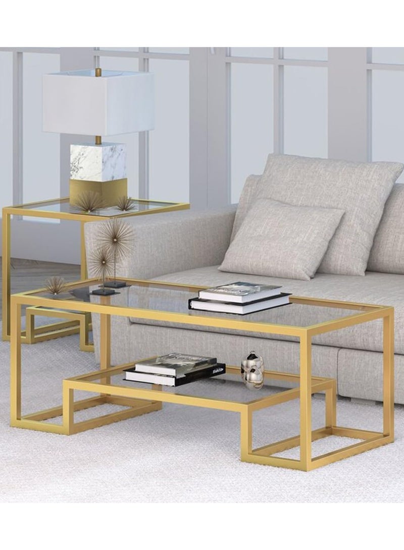 LINGWEI Coffee Table Modern Tempered Glass Tabletop with Sturdy Metal Frame Centre Table for Dining Room Modern Geometric Glass Coffee Table with Mid Glass Shelf - Image 3