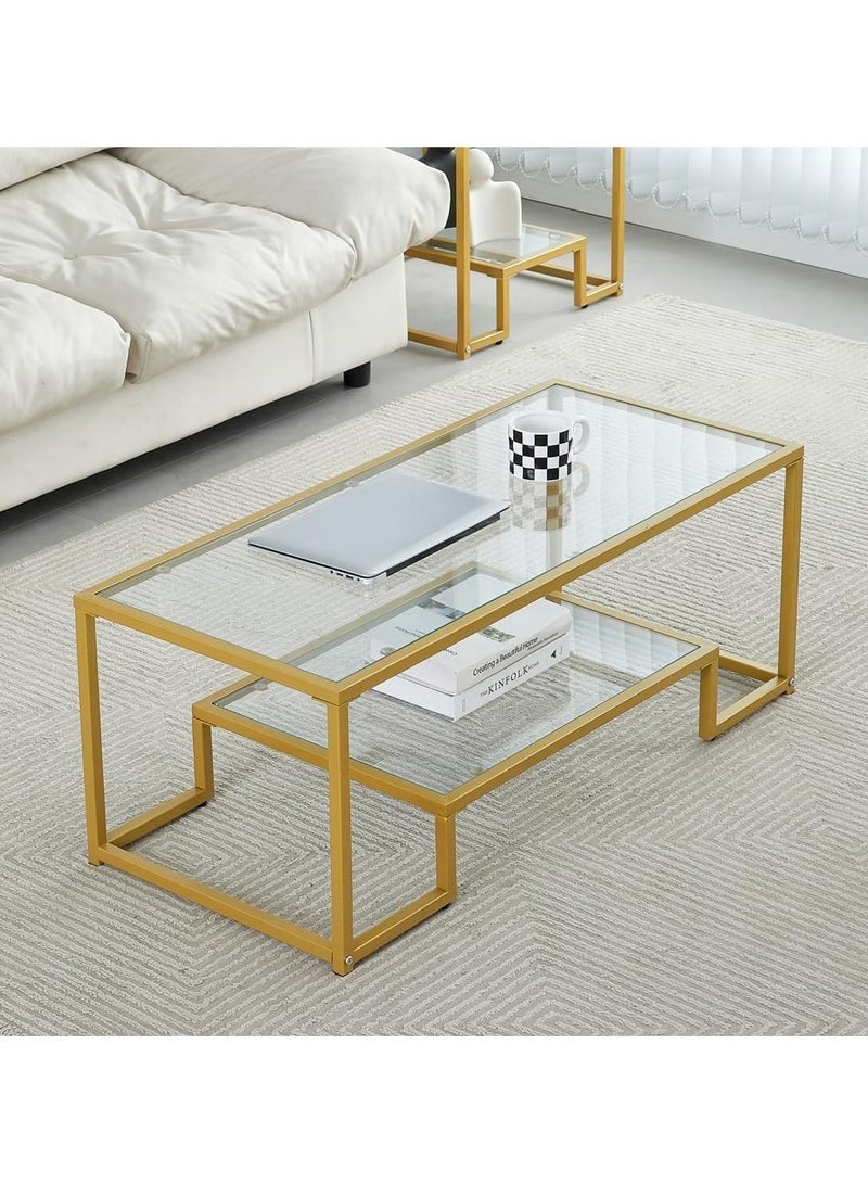 LINGWEI Coffee Table Modern Tempered Glass Tabletop with Sturdy Metal Frame Centre Table for Dining Room Modern Geometric Glass Coffee Table with Mid Glass Shelf - Image 4