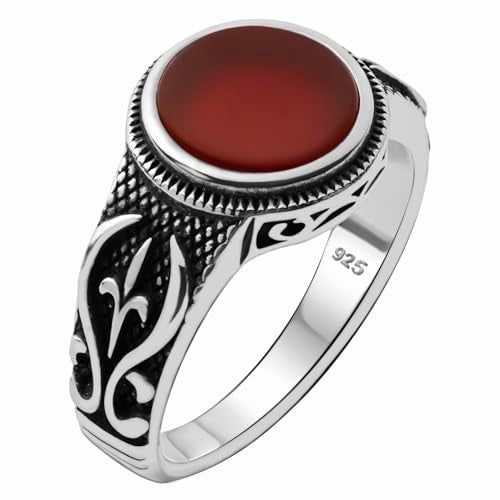 Alpha Rock Genuine Solid 925 Sterling Silver, Red Agate Stone, Authentic Vintage Turkish Ottoman Style Anatolian Motif Ring for Men (Red Agate, 8) - Image 3