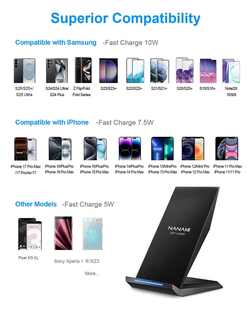 NANAMI  Fast Wireless Charger, 【2 Pack】 Wireless Charging Stand Compatible with iPhone 17/17 Air/17 Pro/17 Pro Max/16/15/14/13, Desktop Nightstand Phone Charger Dock for Galaxy S26/S26+/S25/S24/S23/S22 - Image 2
