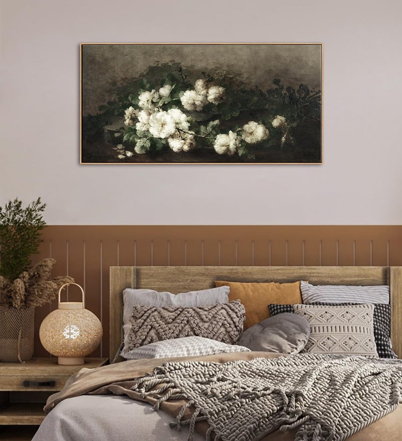 DJSYLIFE Framed Vintage Flower Canvas Wall Art, White Rose Still Life Painting Prints for Bedroom Decor, Classical Floral Pictures for Living Room Home Decorations, Ready to Hang 20"x40" - Image 4