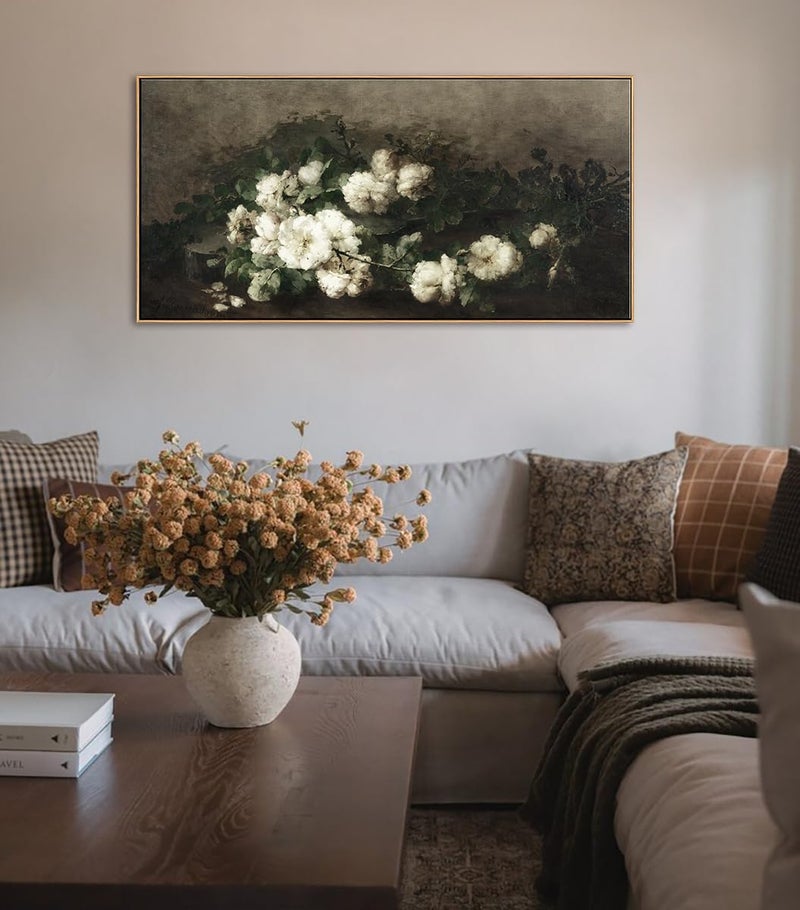 DJSYLIFE Framed Vintage Flower Canvas Wall Art, White Rose Still Life Painting Prints for Bedroom Decor, Classical Floral Pictures for Living Room Home Decorations, Ready to Hang 20"x40" - Image 2