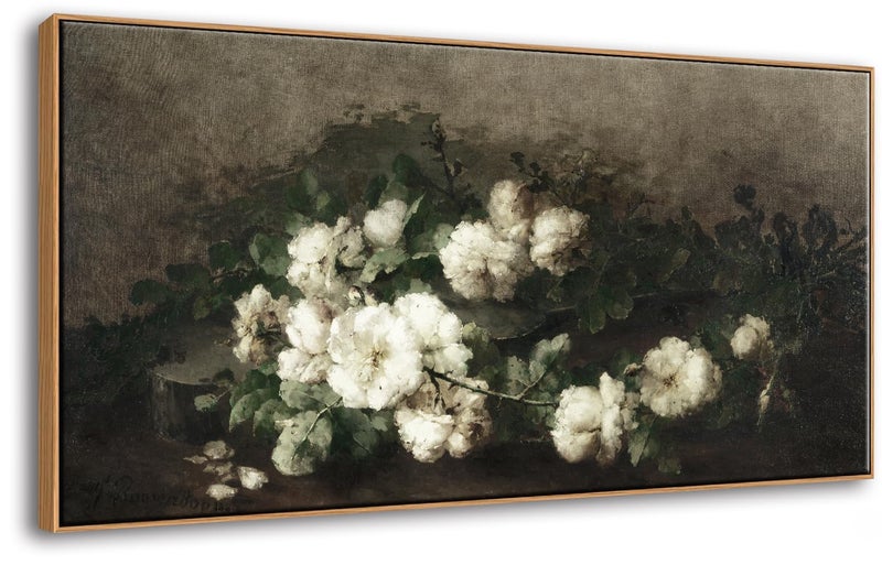 DJSYLIFE Framed Vintage Flower Canvas Wall Art, White Rose Still Life Painting Prints for Bedroom Decor, Classical Floral Pictures for Living Room Home Decorations, Ready to Hang 20"x40" - Image 1