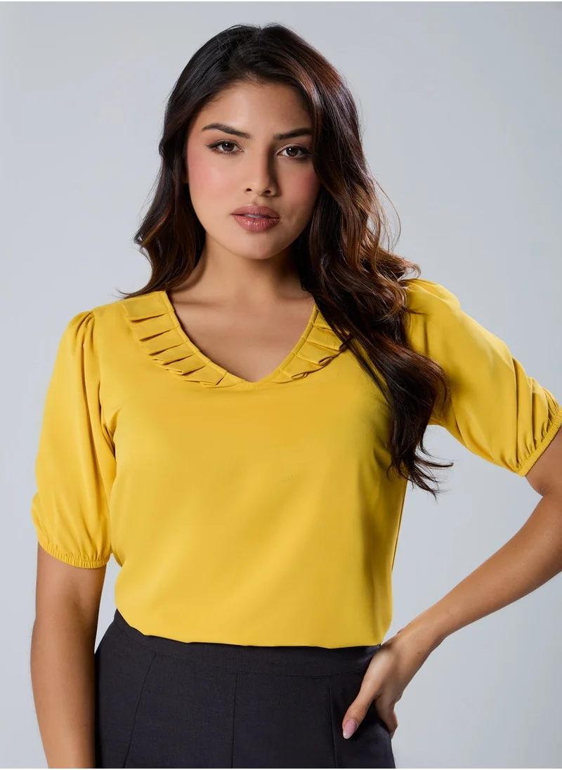 Zigzag Vneck Pleated Yellow Half Sleeve Top