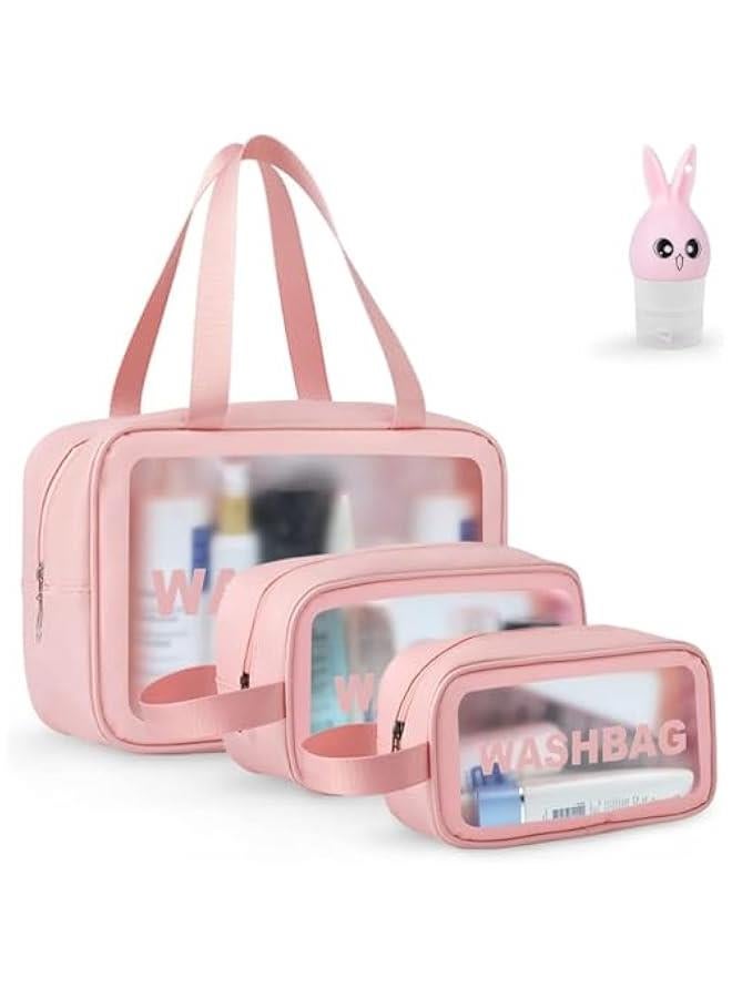 HOOKOR Clear Toiletry Bag Set for Women Men, Translucent Waterproof Travel Makeup Bag with Handle, Large Capacity Sturdy & Leak Resistant Cosmetic Bag Pouch for Traveling,3PACK (Pink) - Image 1