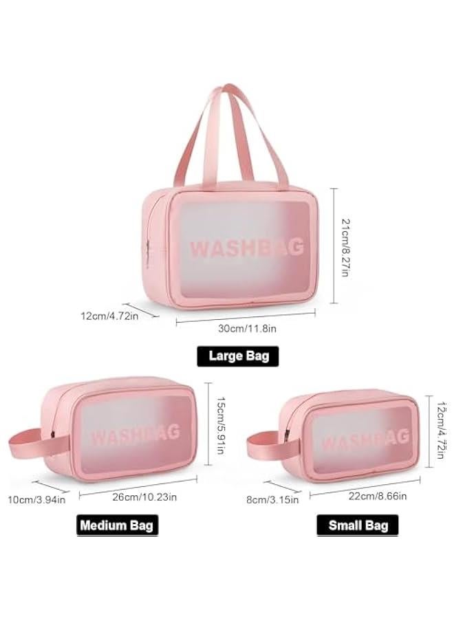 HOOKOR Clear Toiletry Bag Set for Women Men, Translucent Waterproof Travel Makeup Bag with Handle, Large Capacity Sturdy & Leak Resistant Cosmetic Bag Pouch for Traveling,3PACK (Pink) - Image 2