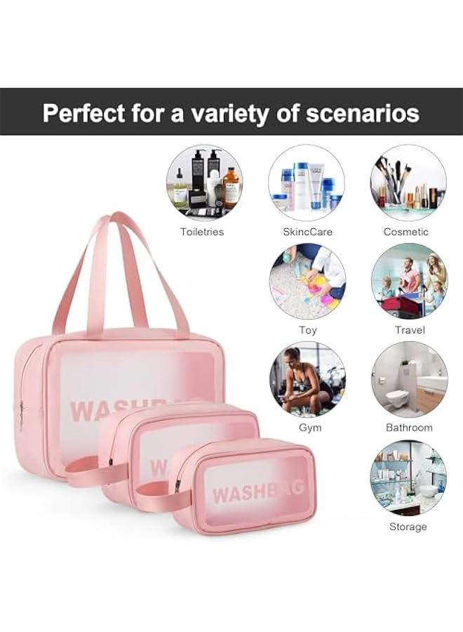 HOOKOR Clear Toiletry Bag Set for Women Men, Translucent Waterproof Travel Makeup Bag with Handle, Large Capacity Sturdy & Leak Resistant Cosmetic Bag Pouch for Traveling,3PACK (Pink) - Image 5