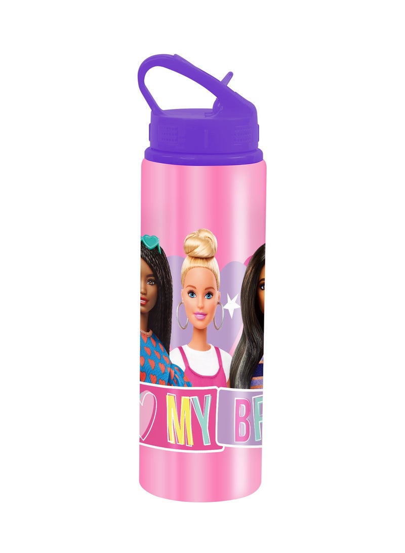 Barbie Aluminum Water Bottle for Kids-600ml, Leak-Proof Flip Lid, Lightweight & Durable