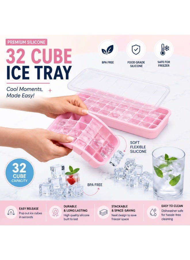 Lukadah 32 Grid Ice Cube Tray with Lid, Flexible Plastic Ice Cube Mold, Multicolour BPA Free Ice Tray for Freezer, Stackable Easy Release Ice Cube Maker, Leakproof Food Grade Tray for Juice, Coffee, Baby Food, Cocktails & Chocolate (Multi-colour) - Image 1