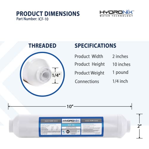 Hydronix 5 Pack ICF-10 Reverse Osmosis Post Polishing, Fridge & Ice Inline Coconut GAC Water Filter, 2000 Gal 1/4" NPT - Image 2