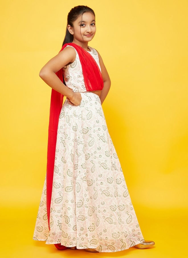 AKS White and Red Printed Lehenga Choli for Girls - Image 4