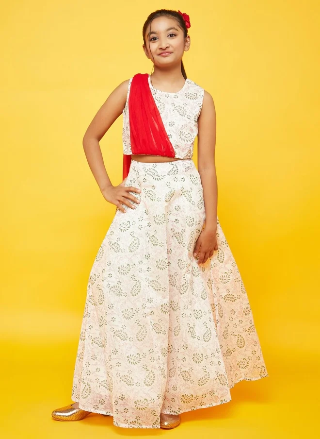 AKS White and Red Printed Lehenga Choli for Girls