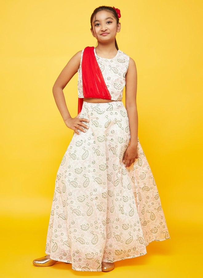 AKS White and Red Printed Lehenga Choli for Girls - Image 1