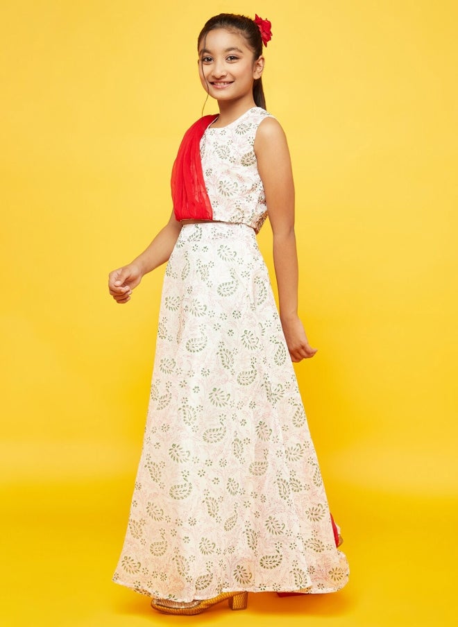 AKS White and Red Printed Lehenga Choli for Girls - Image 5
