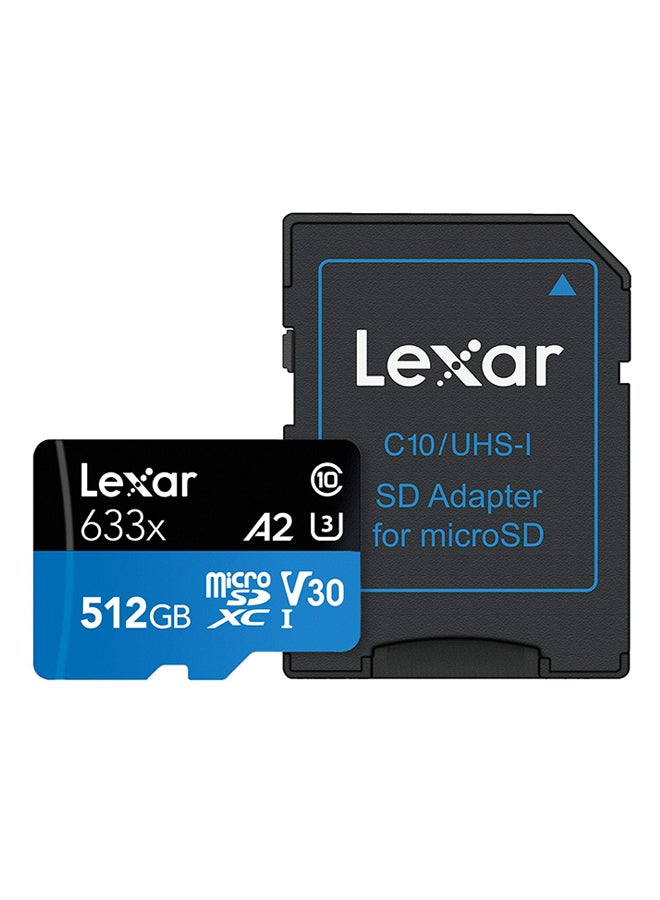 بطاقة SDXC صغيرة للأداء العالي بسرعة نقل 633x وسرعة فائقة UHS-I من الفئة 10 مع محول 512 GB