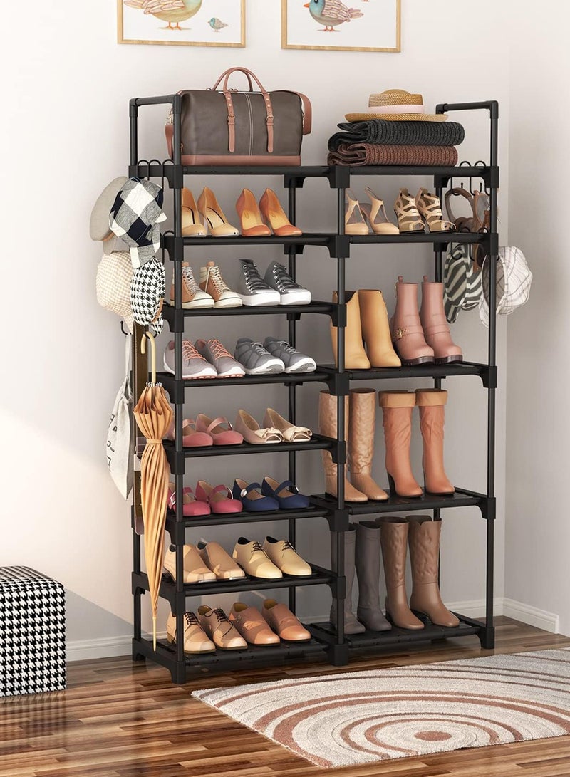 LENND Shoe Rack Organizer, 8-Tier Metal Shoe Rack for Closet Entryway Garage, 26-32 Pairs Tall Shoe Boot Storage Shelf with 15 Hooks, Stackable Large Shoe Stand - Image 2