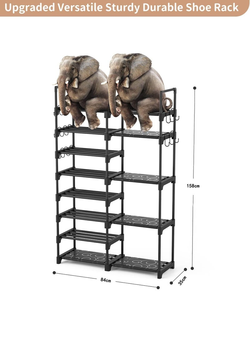 LENND Shoe Rack Organizer, 8-Tier Metal Shoe Rack for Closet Entryway Garage, 26-32 Pairs Tall Shoe Boot Storage Shelf with 15 Hooks, Stackable Large Shoe Stand - Image 3