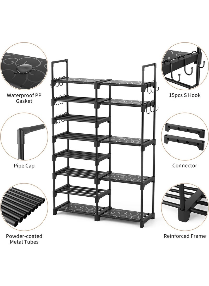 LENND Shoe Rack Organizer, 8-Tier Metal Shoe Rack for Closet Entryway Garage, 26-32 Pairs Tall Shoe Boot Storage Shelf with 15 Hooks, Stackable Large Shoe Stand - Image 4